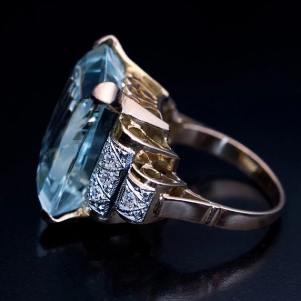 New Unisex 925 Silver Yellow Gold Plated Aquamarine Ring - Picture 5 of 6